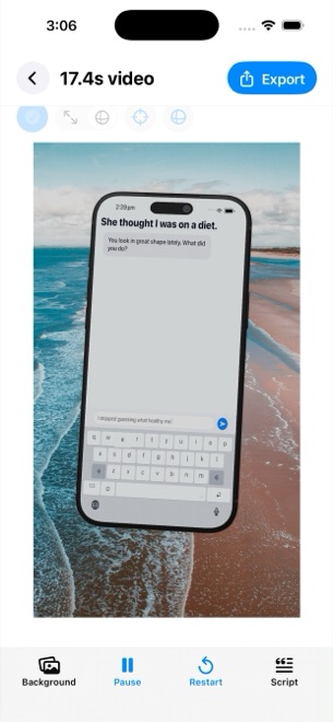Glance Studio on iPhone: the live 3D stage with a phone showing an animated chat, and the editor footer.